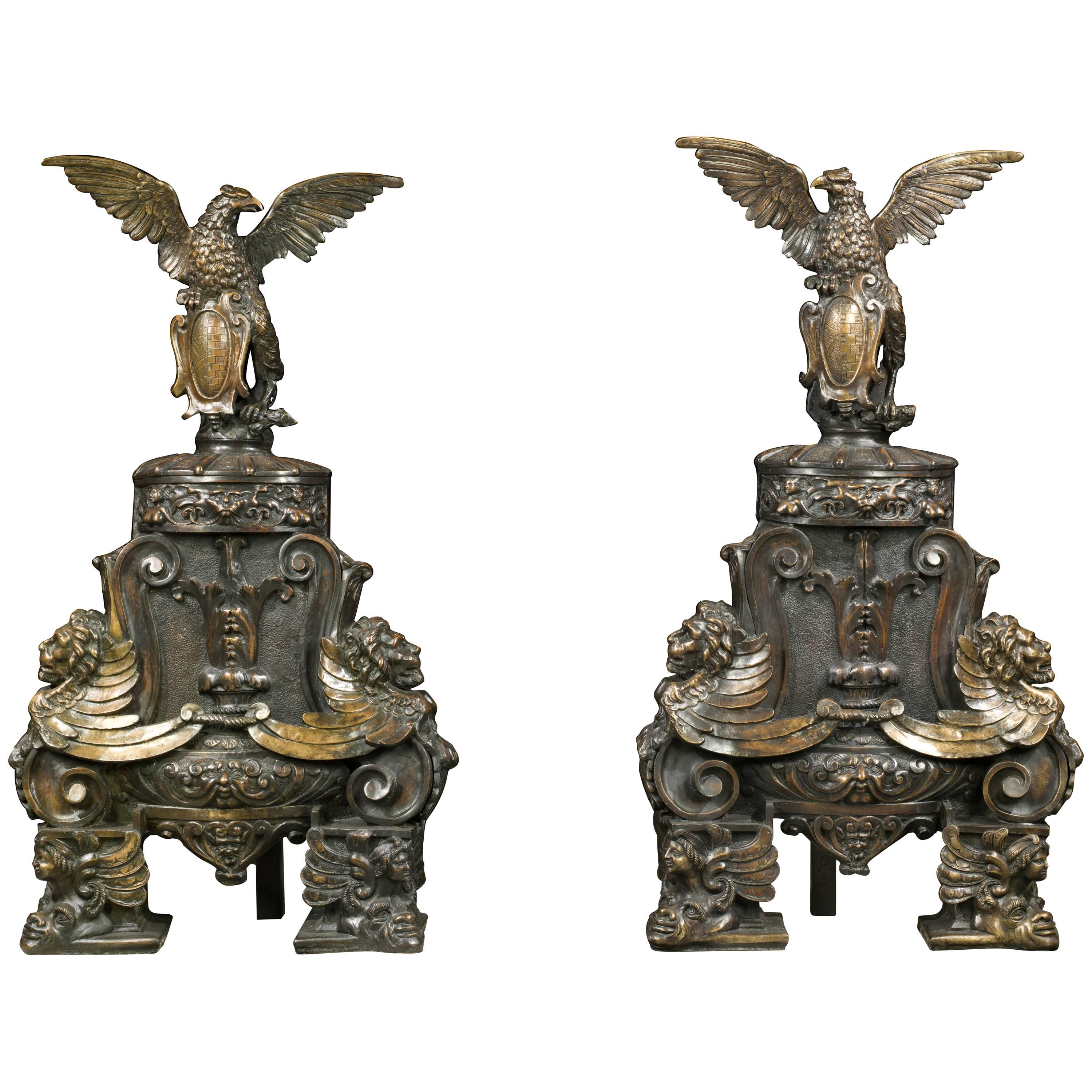 Monumental Pair of Patinated Bronze Andirons in the Baronial Baroque Manner
