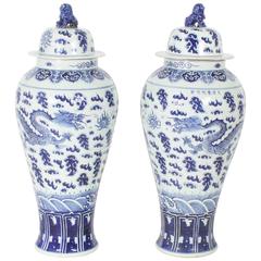 Pair of Chinese Export Style Blue and White Lidded Jars