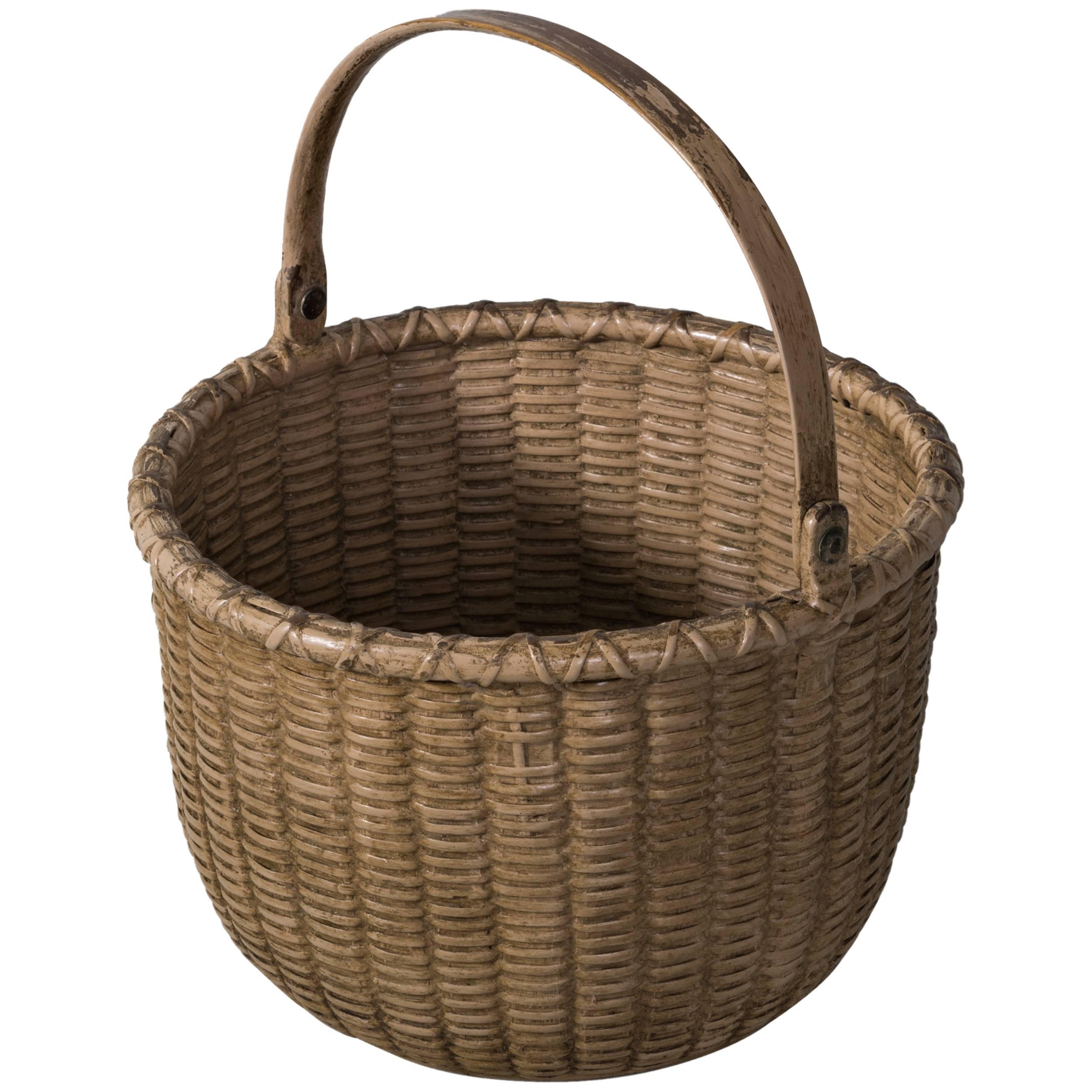 Early Salmon Painted Nantucket Light Ship Basket, Late 19th Century For Sale