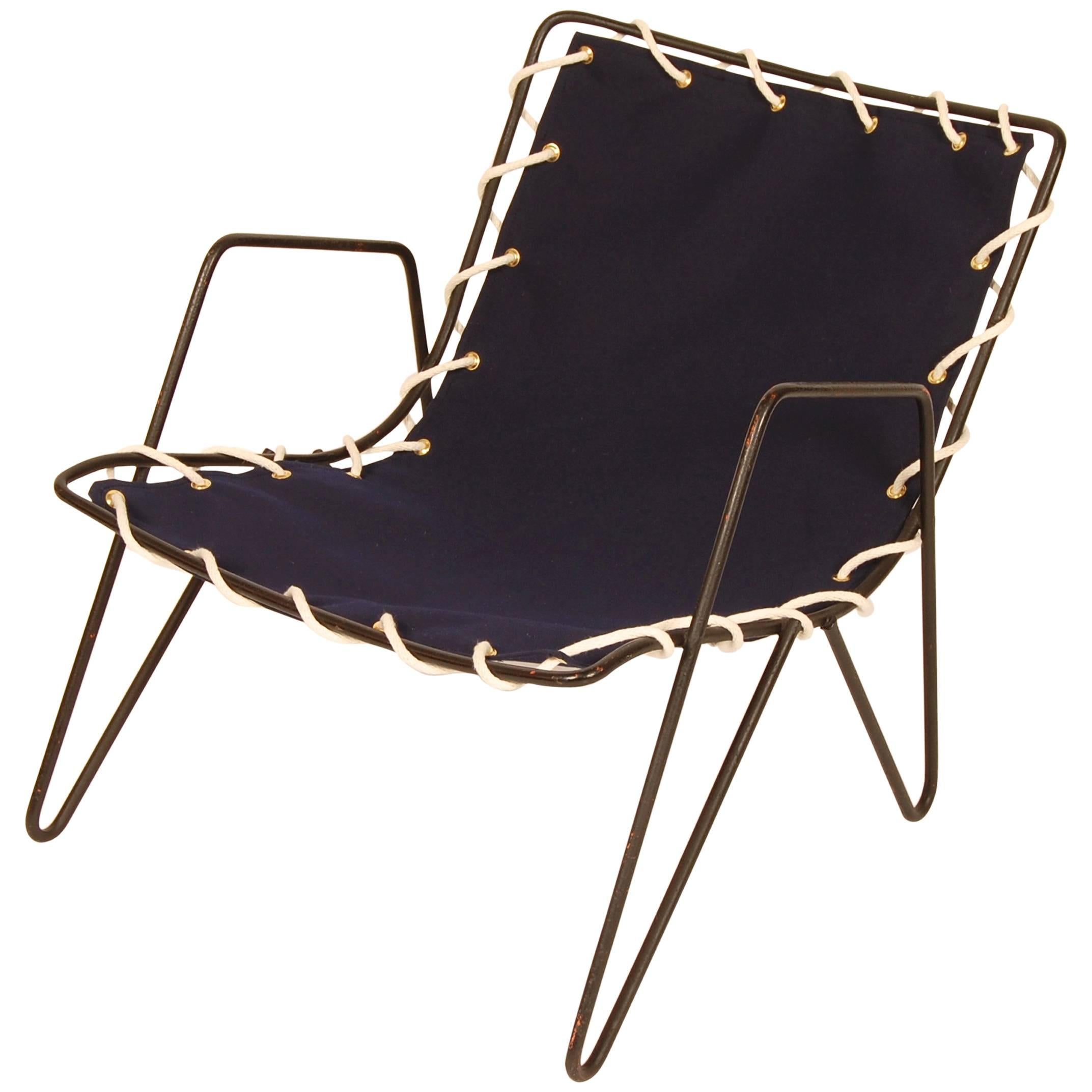 Modernist Iron and Blue Canvas Patio Lounge Chair, 1950s