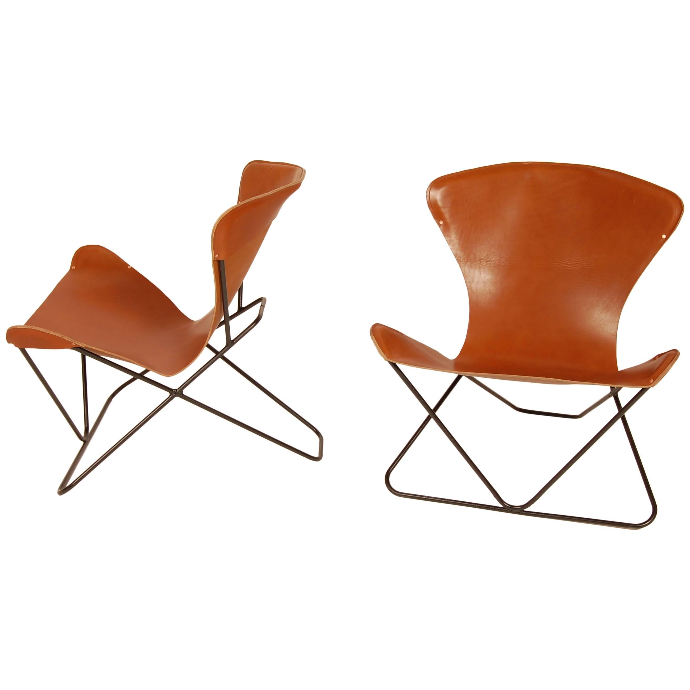  Iron and Leather Sling Chairs California Design "The Bolinas Lounge" For Sale