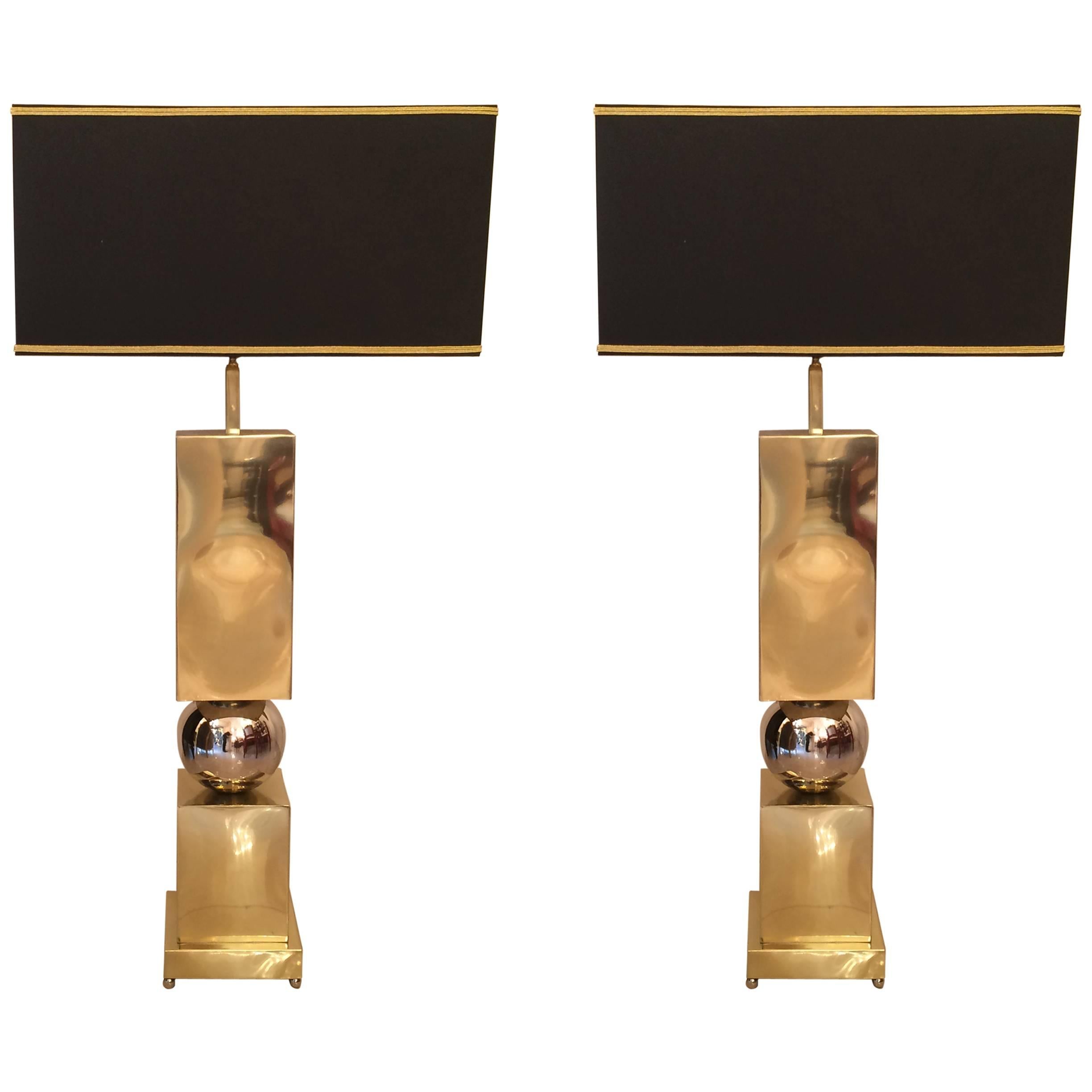 Very Big Pair of Brass and Chrome Lamps For Sale
