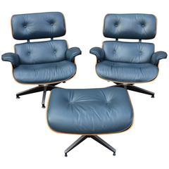 Rare Navy Blue Herman Miller Eames Lounge Chair Set