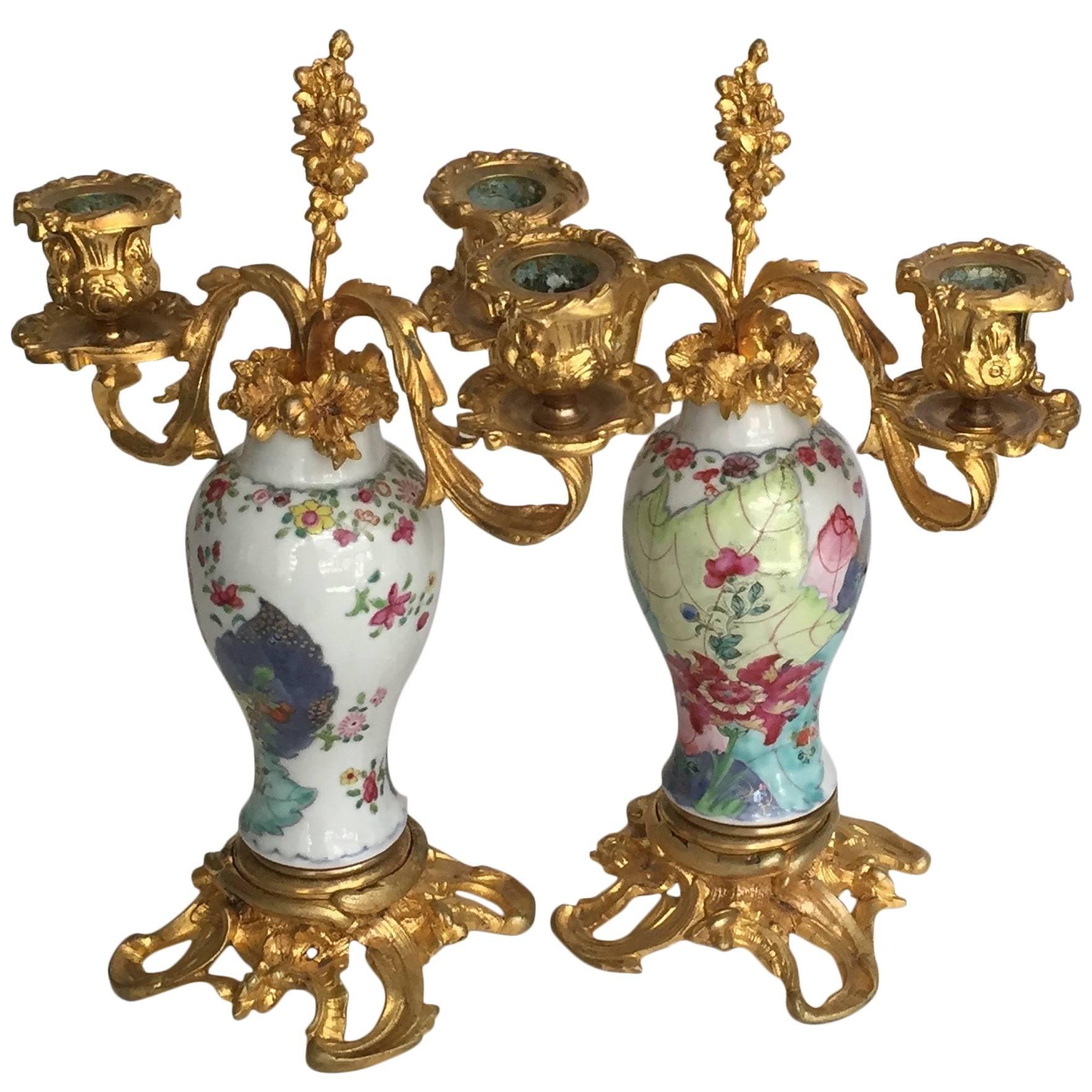 Chinese Export Porcelain and Ormolu-Mounted Two-Arm Candelabra For Sale