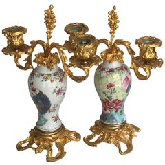 Antique Chinese Export Porcelain and Ormolu-Mounted Two-Arm Candelabra
