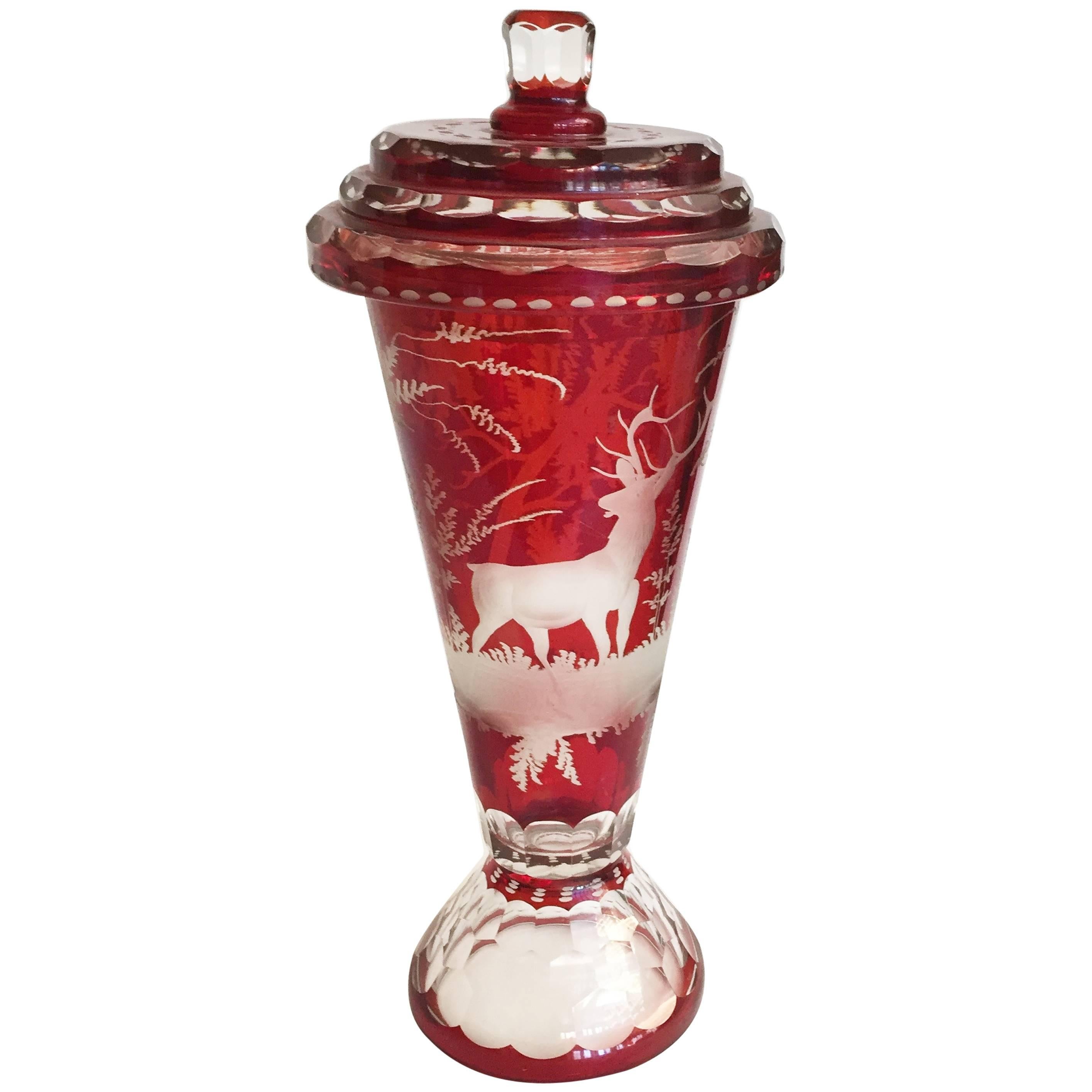 German Czech Bohemian Ruby-Stained and Clear Glass Vase and Cover For Sale