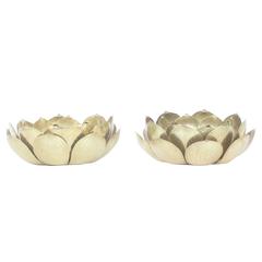 Pair of Brass Etched Lotus Leaf Candle Holders 