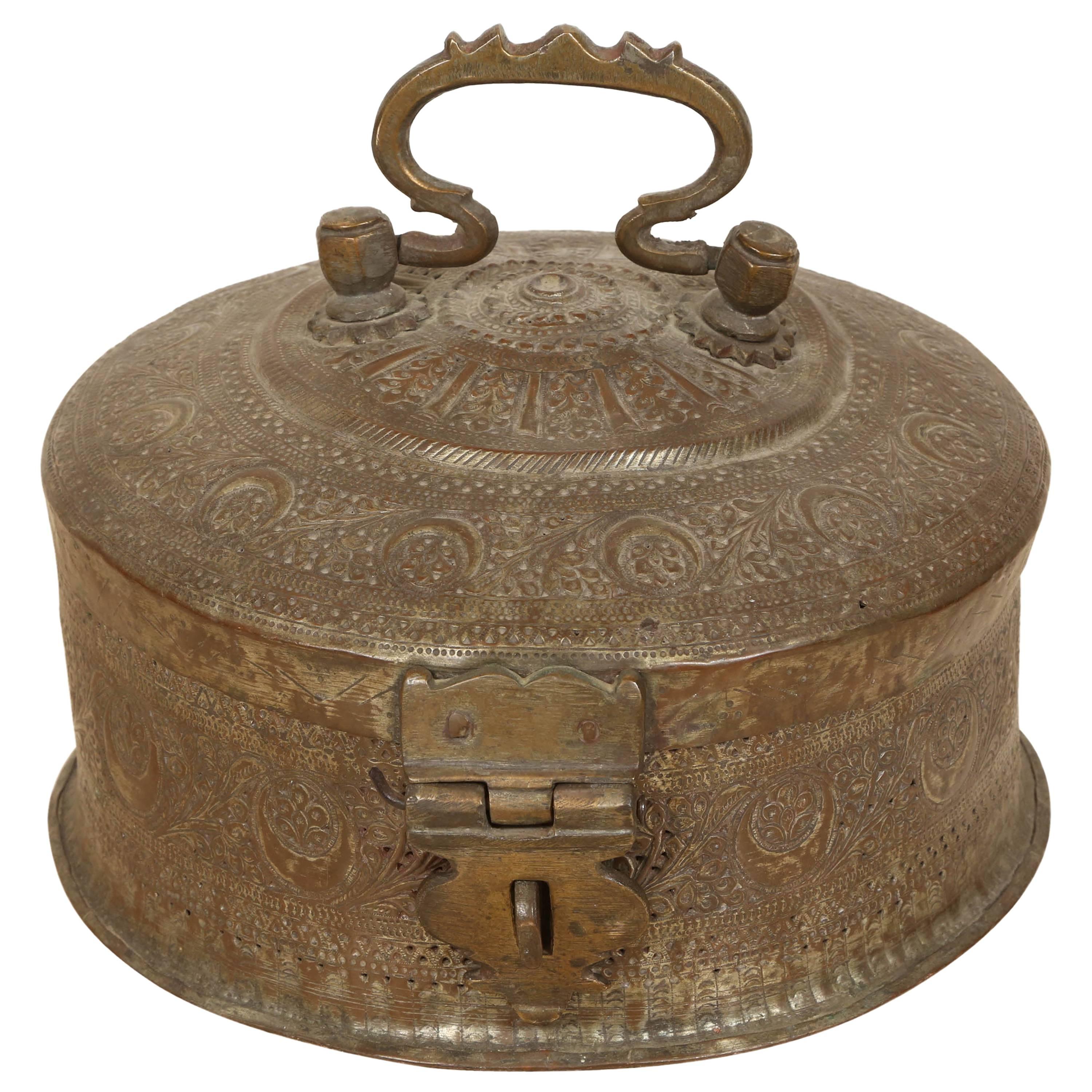 Large Decorative Round Bronze Box with Lid