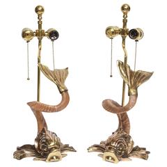 Pair of Hollywood-Regency Style Brass and Horn Dolphin Table Lamps by Chapman