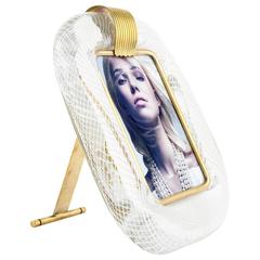 Murano White and Clear Glass and Brass Picture Frame