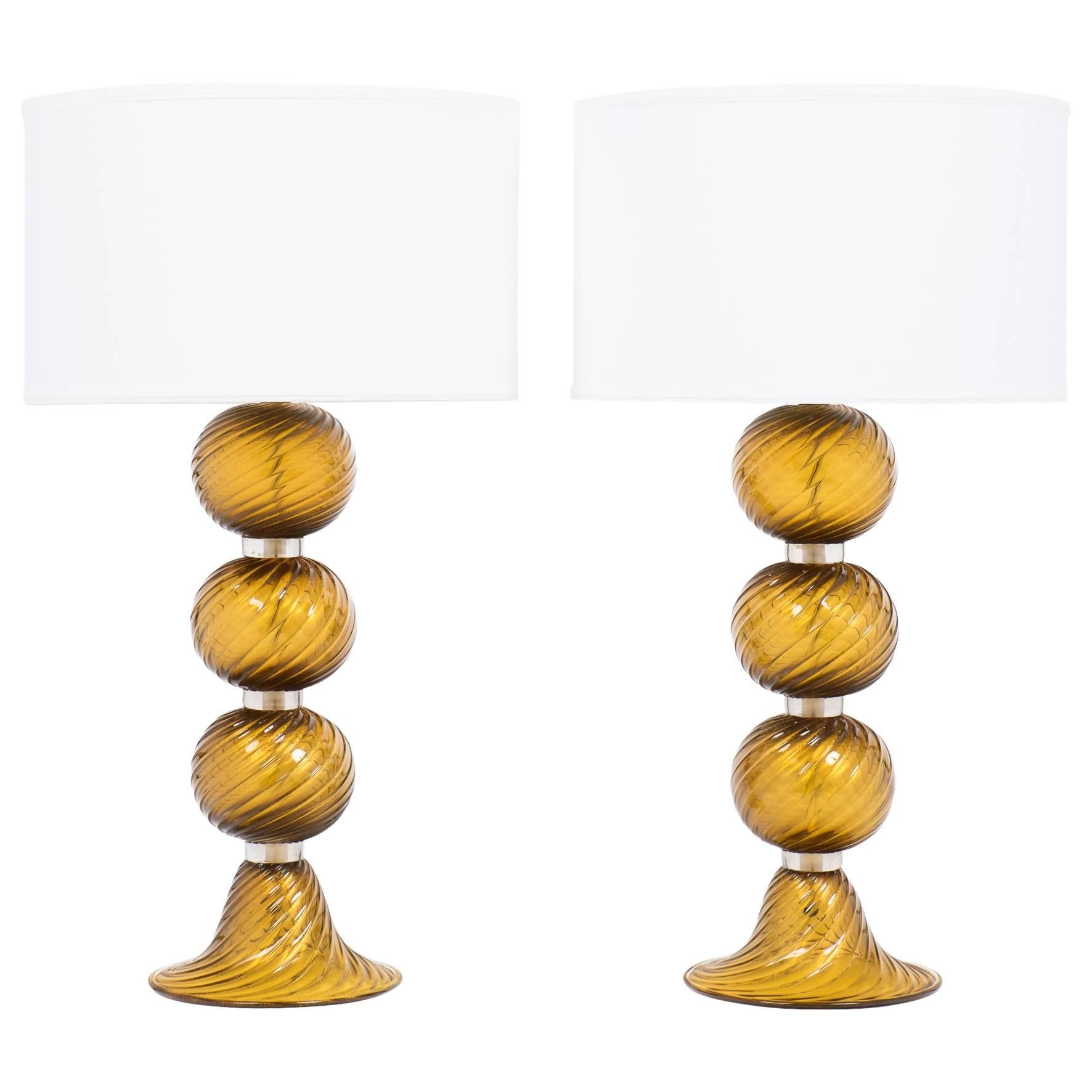 Pair of Murano Tobacco "Avventurina" Glass Table Lamps