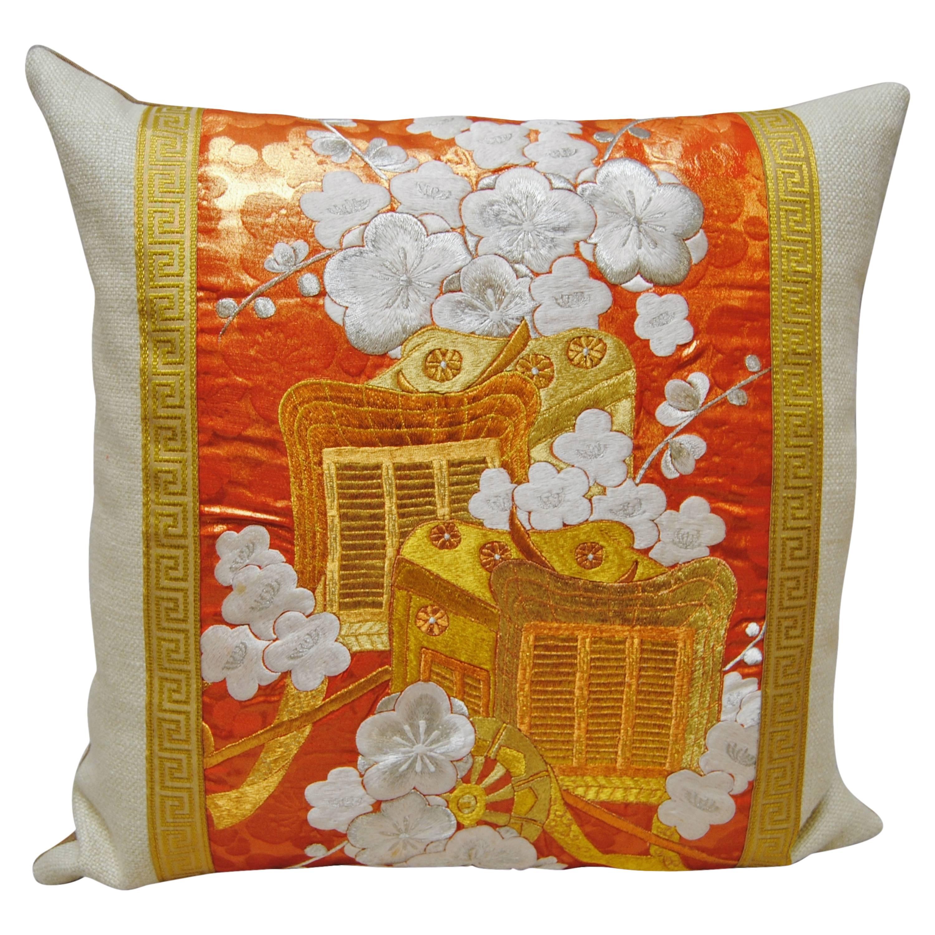 Custom Pillow from a Silk Embroidered Vintage Uchikake Wedding Kimono For Sale