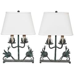 Pair of Hand-Forged Iron Lamps Attributed to Zadounaïsky
