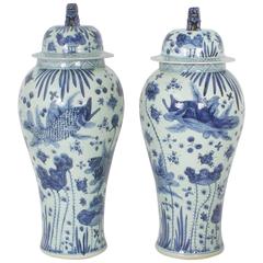 Vintage Large Pair of Palace-Size Blue and White Chinese Export Style Jars