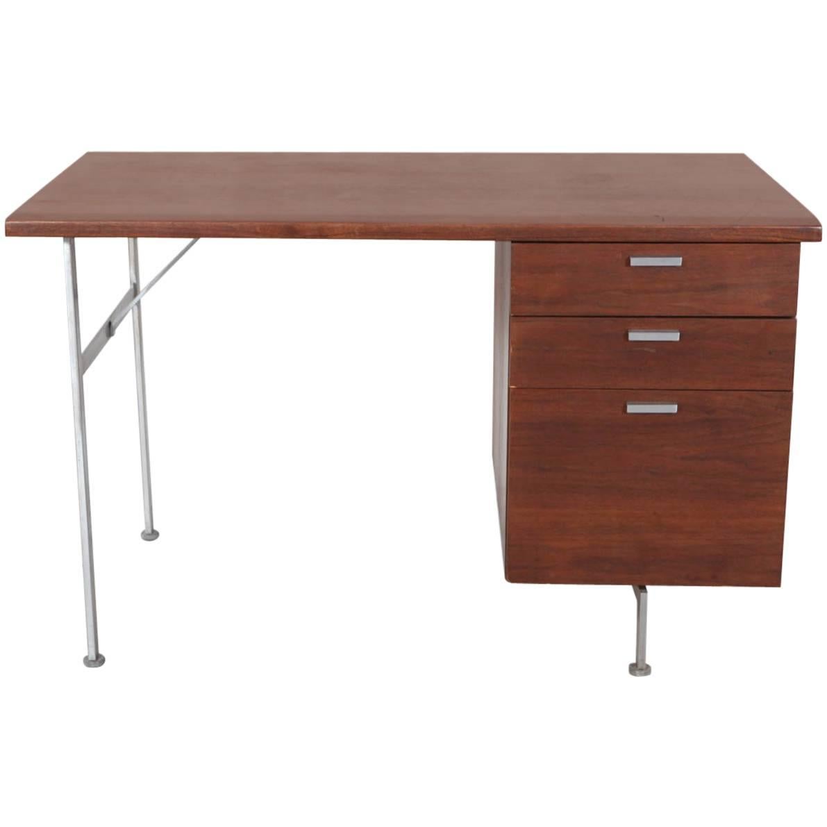 Midcentury Walnut and Stainless Steel Three-Drawer Desk