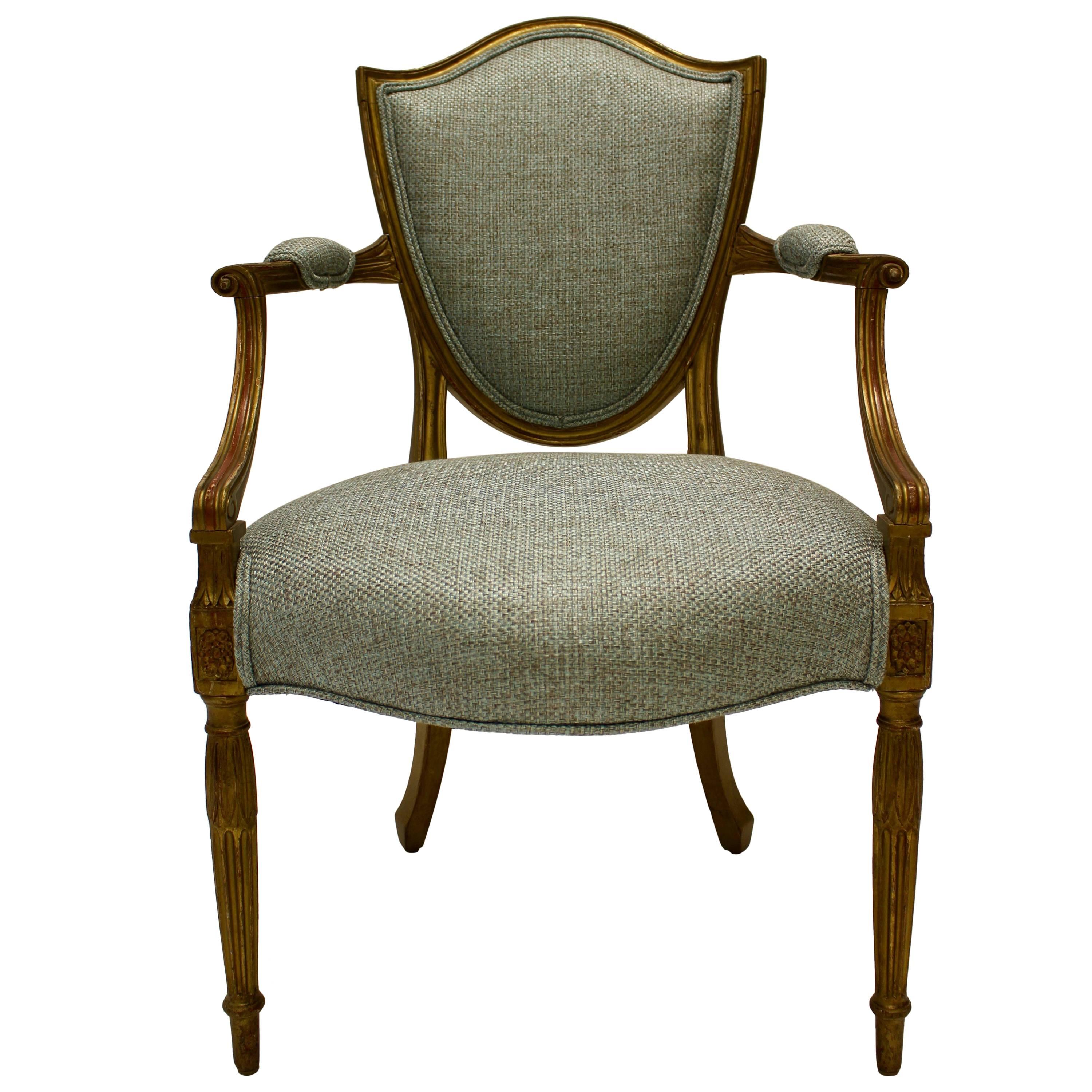 19th Century Hepplewhite Style Shield-Back Parcel-Gilt Armchair with Open Arms