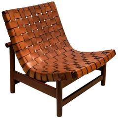Retro 1950s Lounge Chair in Woven Saddle Leather and Cuban Mahogany by Dujo, Cuba