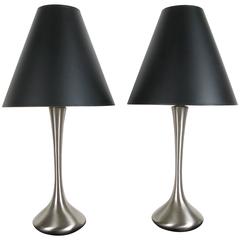 Vintage Pair of Brushed Metal Lamps with Original Shades by Laurel