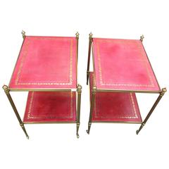 1970 Pair of Shelf or Side Table in Brass Maison Bagués 2 Tray with Red Leather