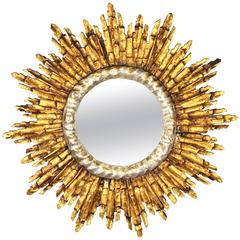 1940s French Baroque Style Silver and Giltwood Sunburst Mirror