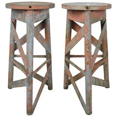 Pair of 1940s Iron and Steel Industrial Pedestal Tables or Stands