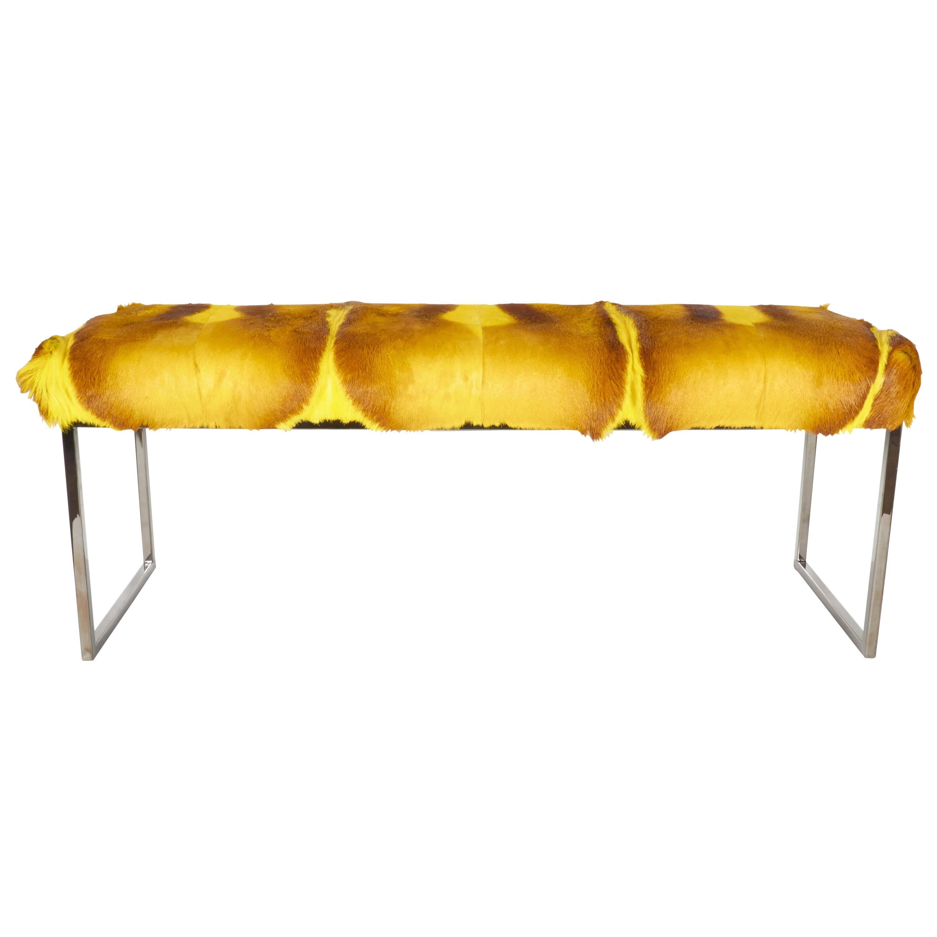 Mid-Century Modern style bench upholstered in stunning African springbok hide. Comprised of several hides featuring four spine details. Hand-dyed in vibrant yellow with varying hues of gold and deep brown. Streamline base in a black nickel finish.