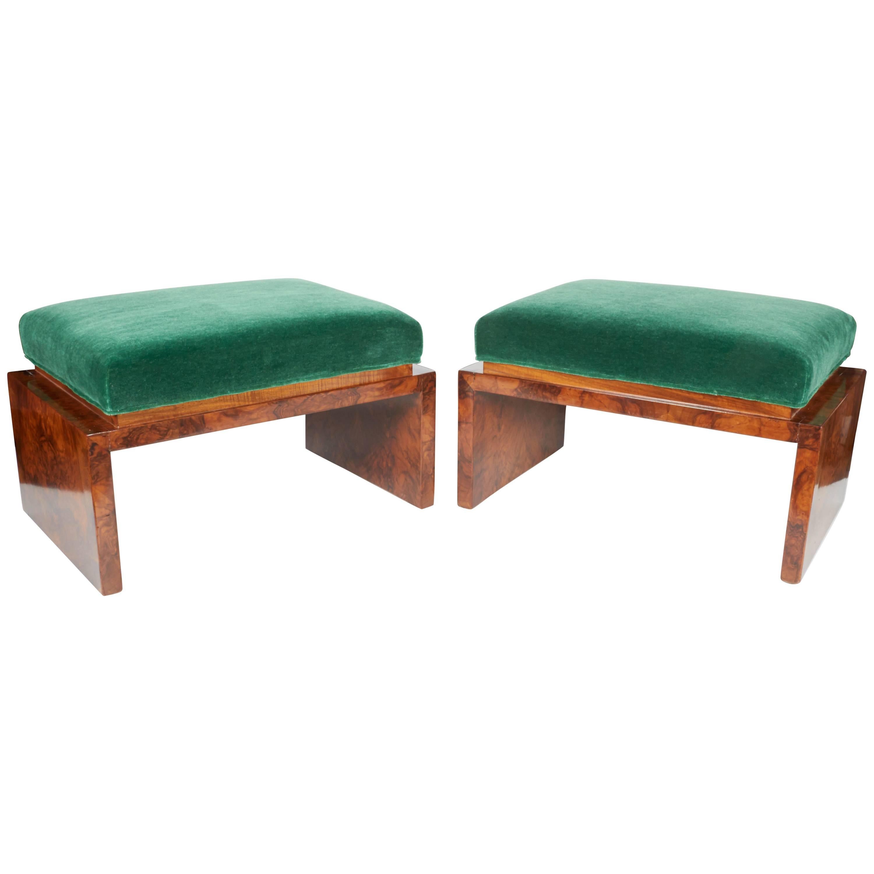 Rare Art Deco Low Benches in Emerald Mohair and Burled Carpathian Elm