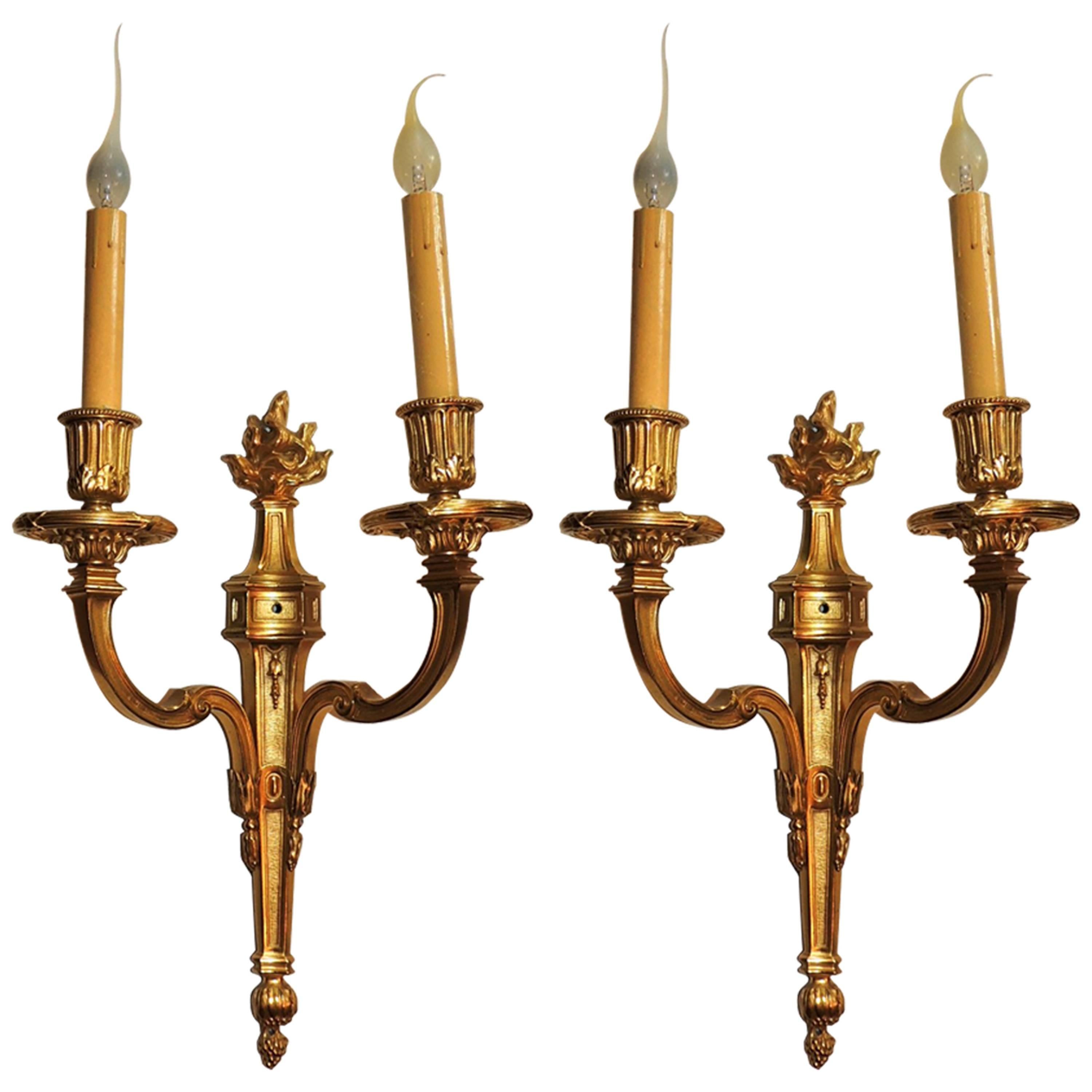 Elegant Pair of Caldwell Dore Bronze Two-Arm Flame Top Neoclassical Sconces For Sale