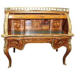 Impressive Heavily Inlaid Louis XV Style Cylinder Fronted Desk