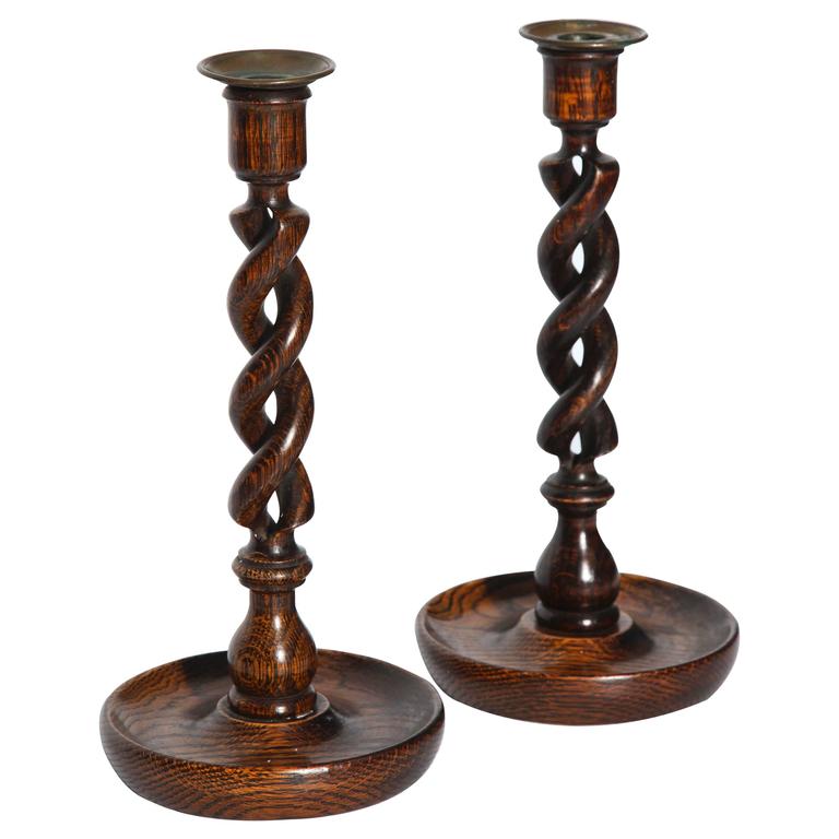 Pair of Carved Oak Open Twisted Candlesticks with Brass Bobeches For