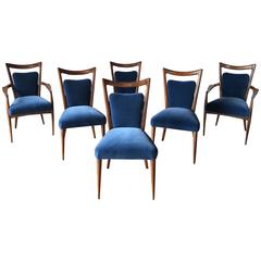 Set of Six Walnut Chairs by Melchiorre Bega, in Blue Mohair, Italy, circa 1960