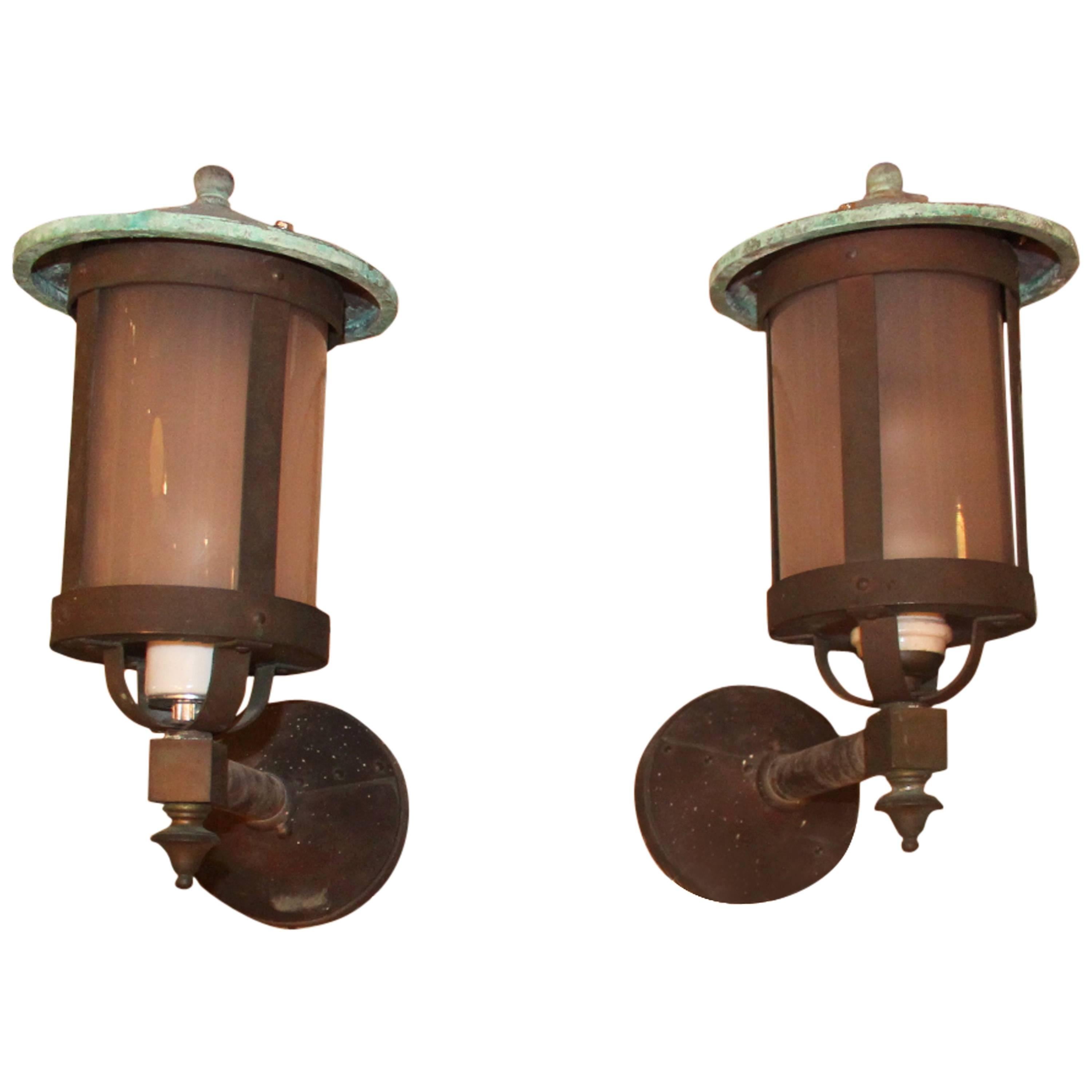 1930s Pair of Signed Bradley and Hubbard Black Copper Lantern Exterior Sconces
