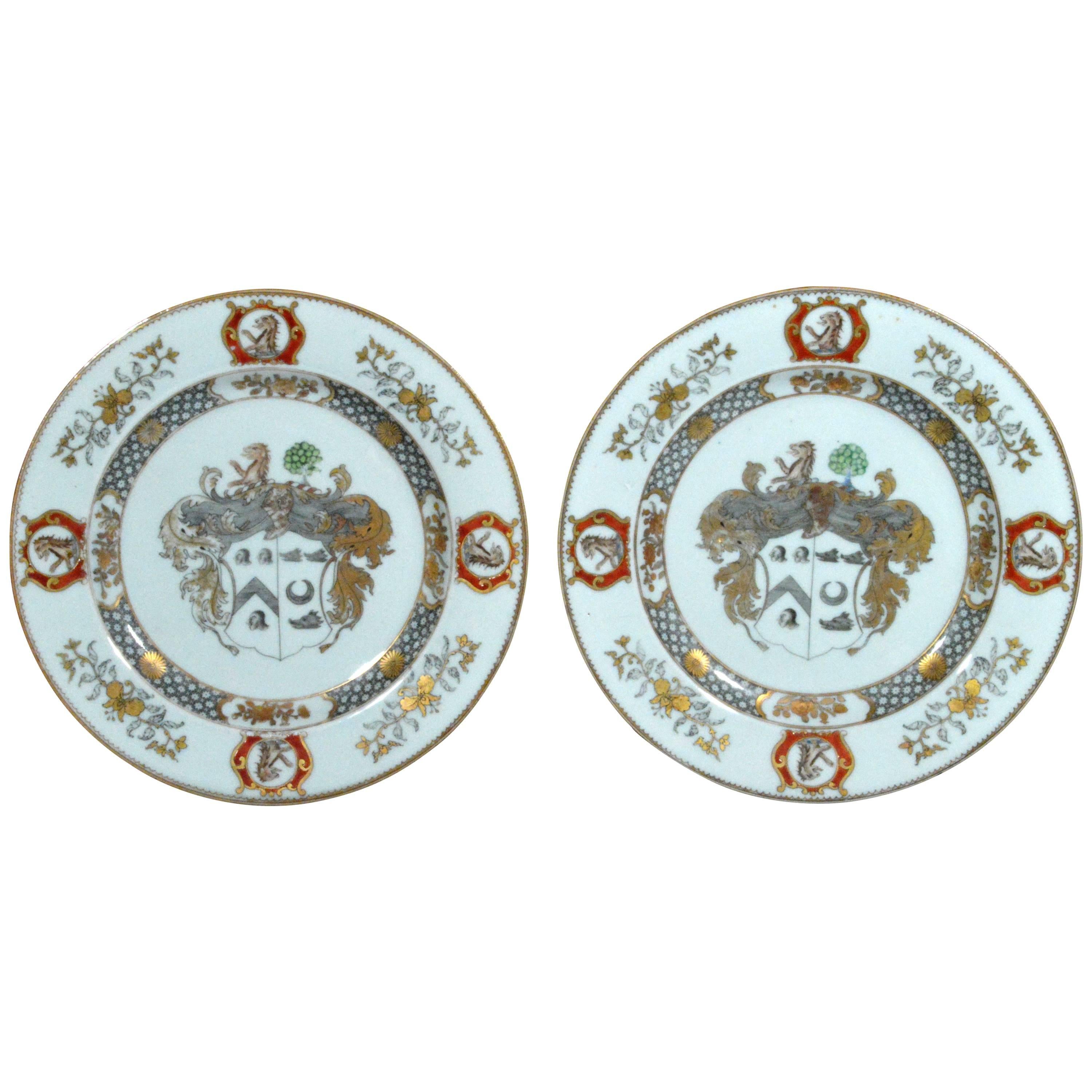 Chinese Export Armorial Pair of Plates for Scotland,  Arms of More Impaling Hog