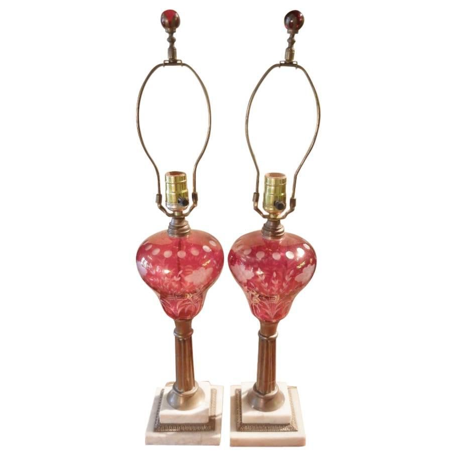 Pair of 19th Century Glass Overlay Red-Cut-to-Clear Kerosene Lamps, Electrified