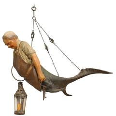 Late 19th Century Austrian Sculptural Carved Wood and Horn Merman Chandelier