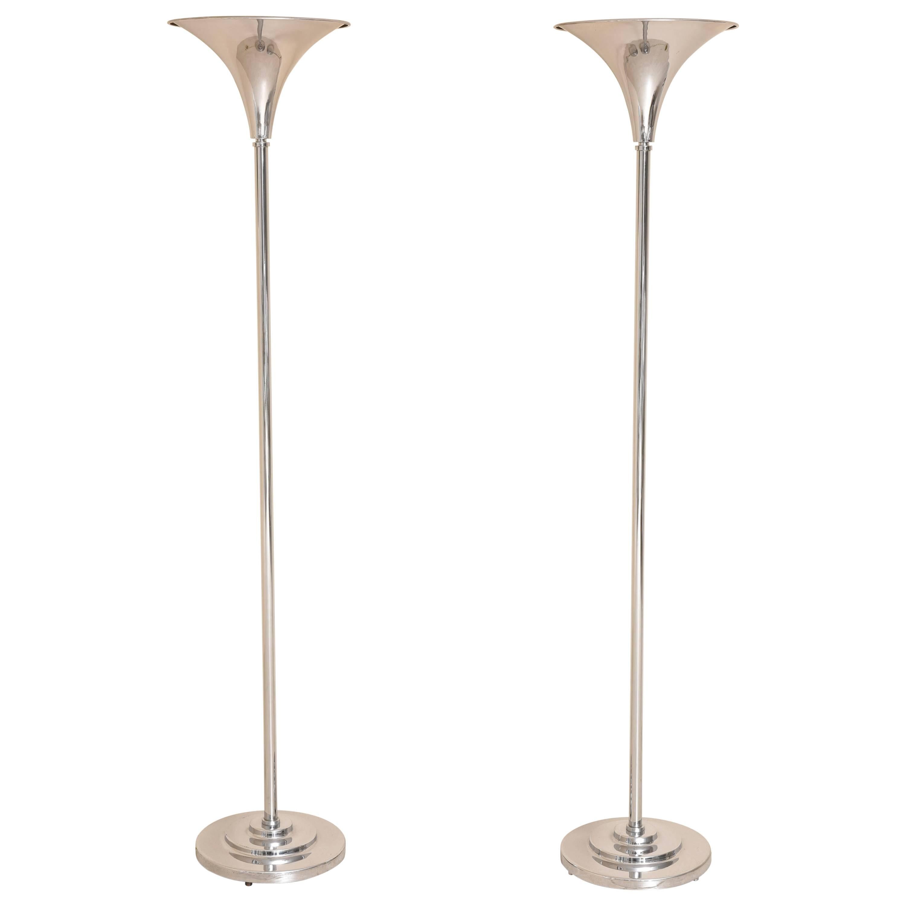 Pair of American Art Deco Style Nickel-Plated Torcheres, Marbro Lamp Company