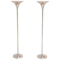 Vintage Pair of American Art Deco Style Nickel-Plated Torcheres, Marbro Lamp Company