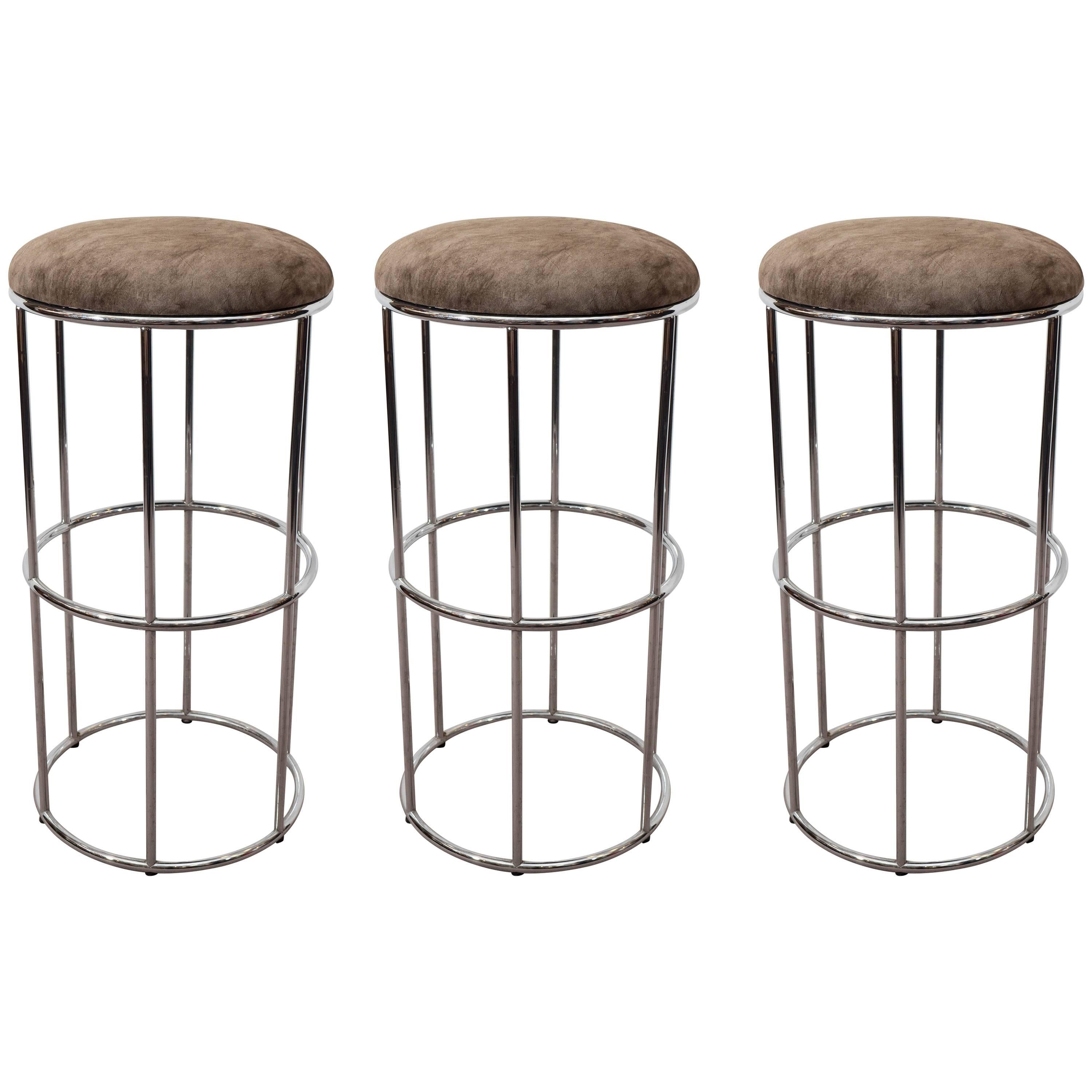 Set of Three Mid-Century Round Chrome and Suede Barstools with Tubular Legs