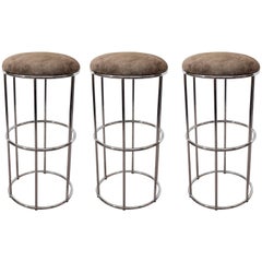 Vintage Set of Three Mid-Century Round Chrome and Suede Barstools with Tubular Legs