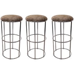 Set of Three Mid-Century Round Chrome and Suede Barstools with Tubular Legs 11
