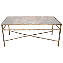 A Maison Baguès Style Faux Bamboo Brass Coffee Table with Smoked Glass Top