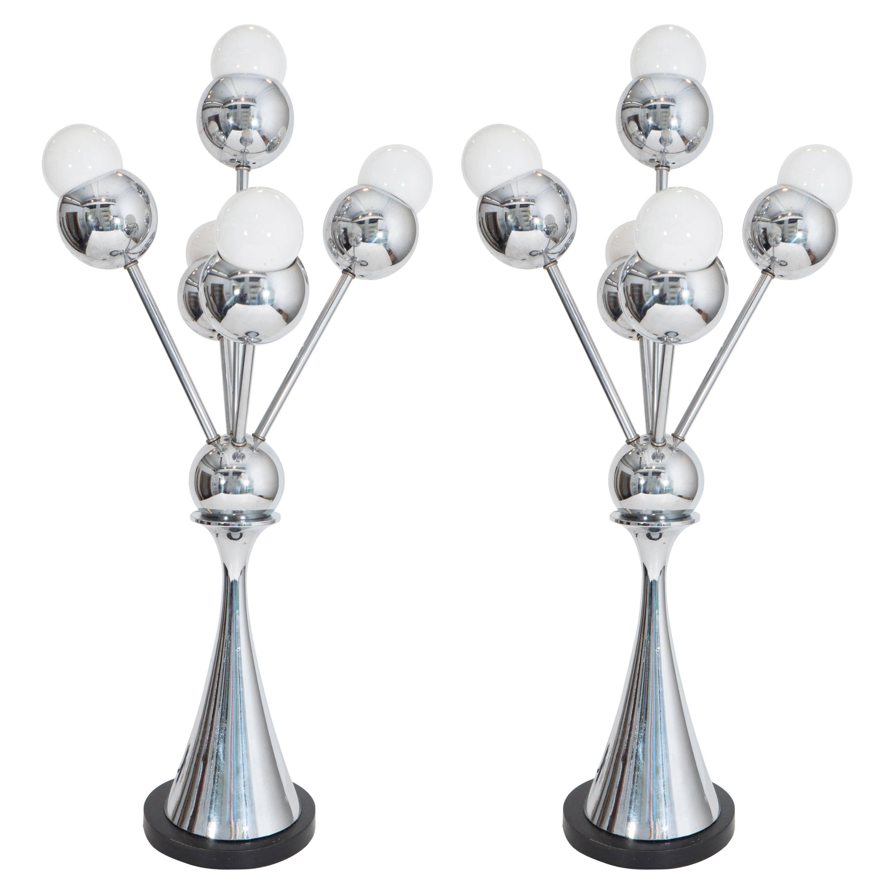 Pair of Space Age 1970s Chrome Table Lamps with Five Radiating Lights