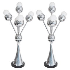 Pair of Space Age 1970s Chrome Table Lamps with Five Radiating Lights