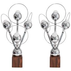 Pair of 1960s Four-Light Radiating Chrome Table Lamps with Ringed Globes