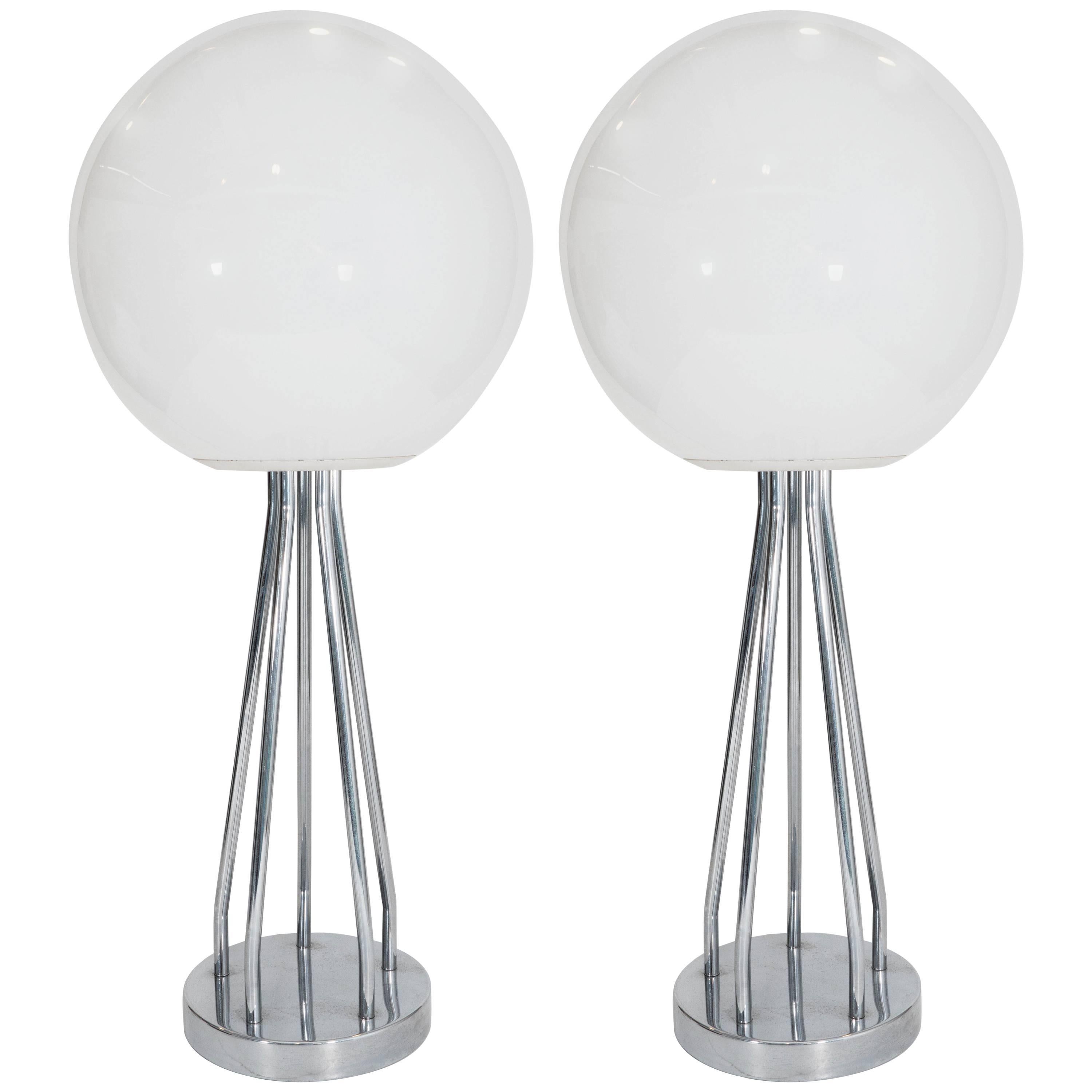Pair of Midcentury Milk Glass Globe Table Lamps on Chrome Spire Legs