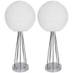 Pair of Midcentury Milk Glass Globe Table Lamps on Chrome Spire Legs
