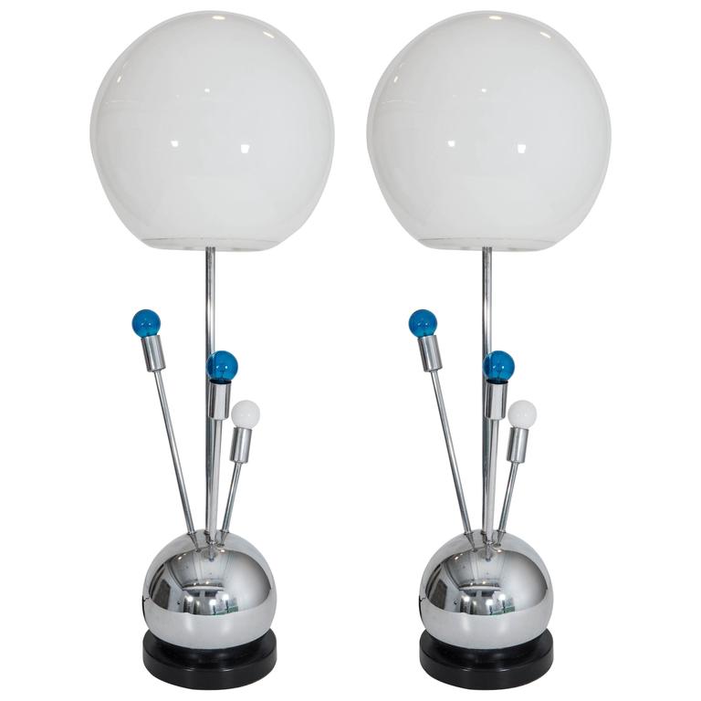 Pair of Chrome Laurel Lamps with White Glass Globe Shades and Radiating