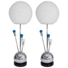 Vintage Pair of Chrome Laurel Lamps with White Glass Globe Shades and Radiating Lights