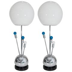 Pair of Chrome Laurel Lamps with White Glass Globe Shades and Radiating Lights 2