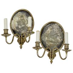 Antique Pair of Mirrored Back Ship Wall Sconces